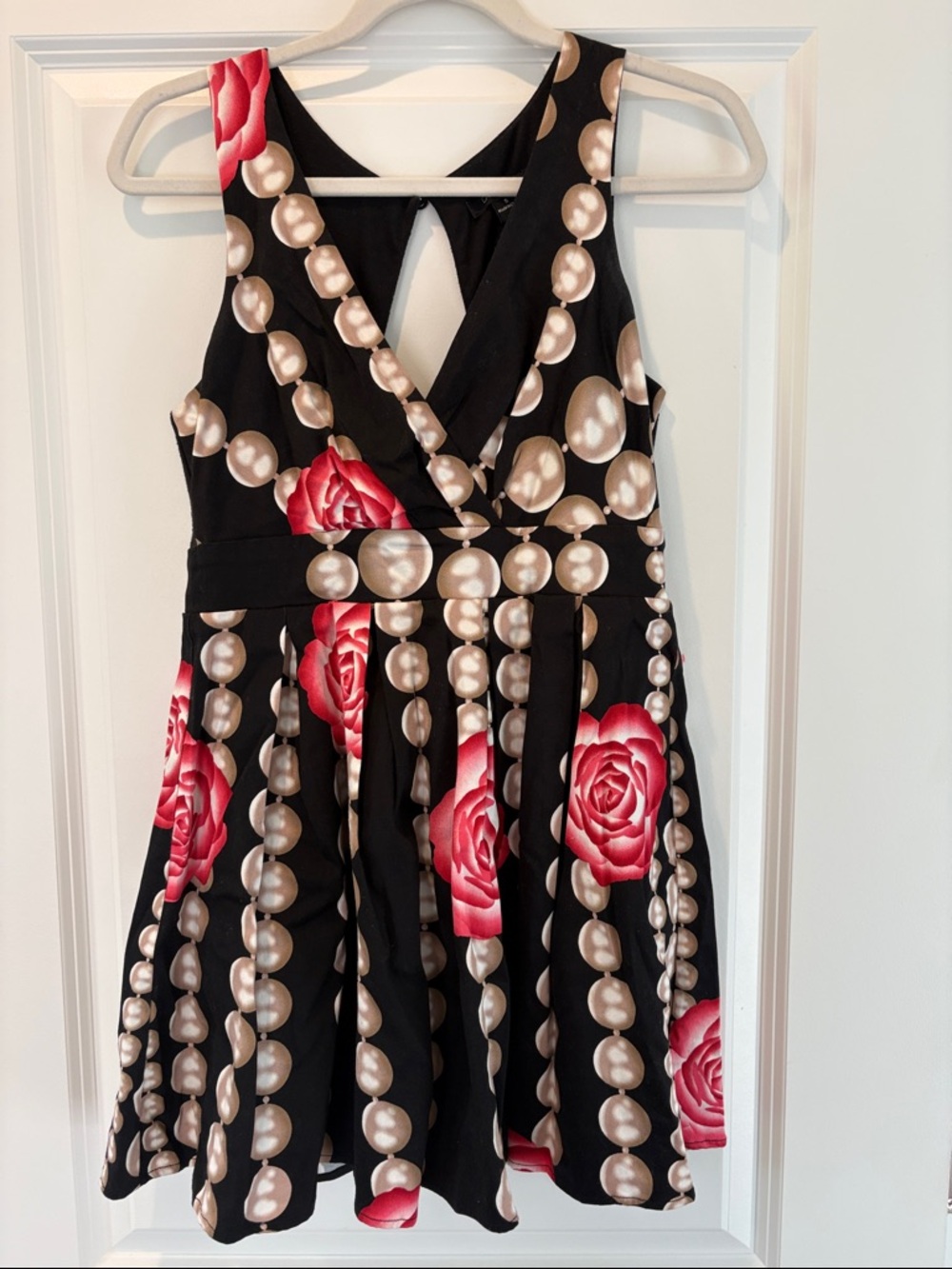 Double Zero Black Mini Dress with Red Rose & Pearl Print